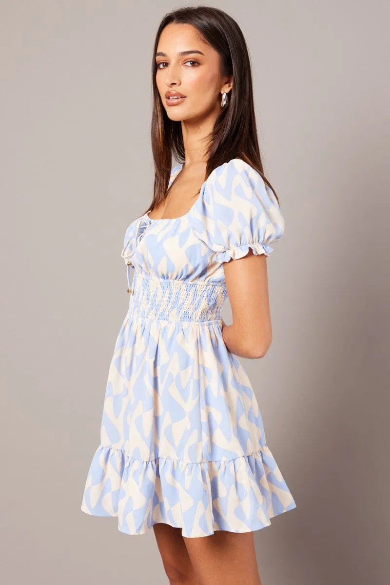 Blue Geo Fit And Flare Dress Puff Sleeve Mini sold by Ally Fashion product image thumbnail 4