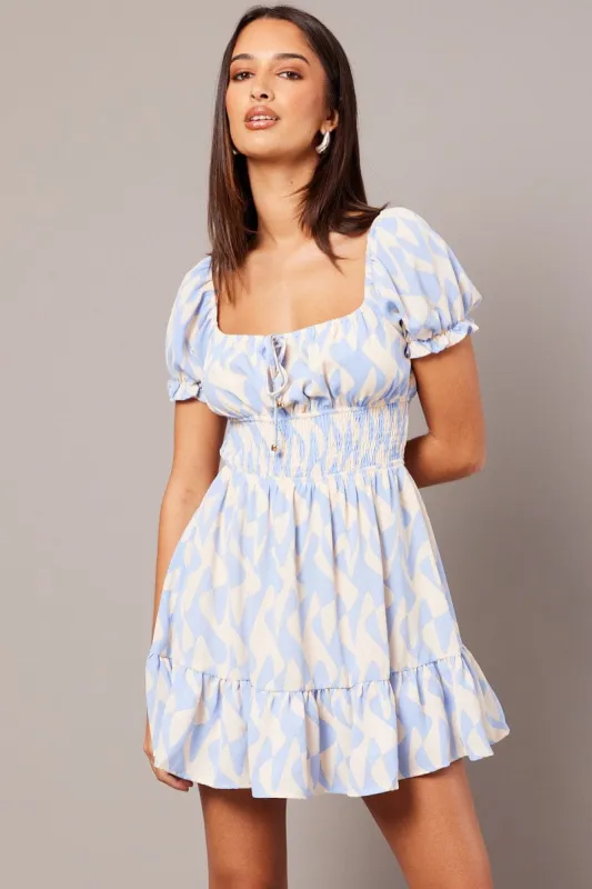 Blue Geo Fit And Flare Dress Puff Sleeve Mini sold by Ally Fashion