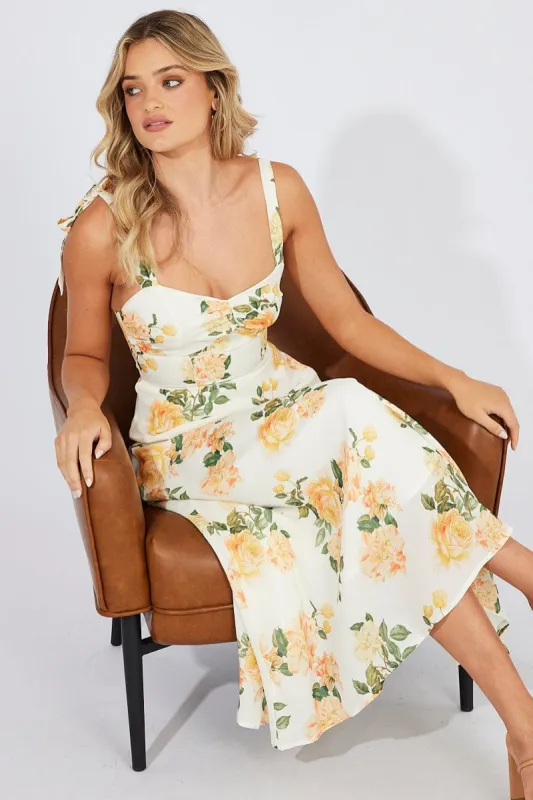 Yellow Floral Midi Dress Sleeveless Tie Shoulder sold by Ally Fashion
