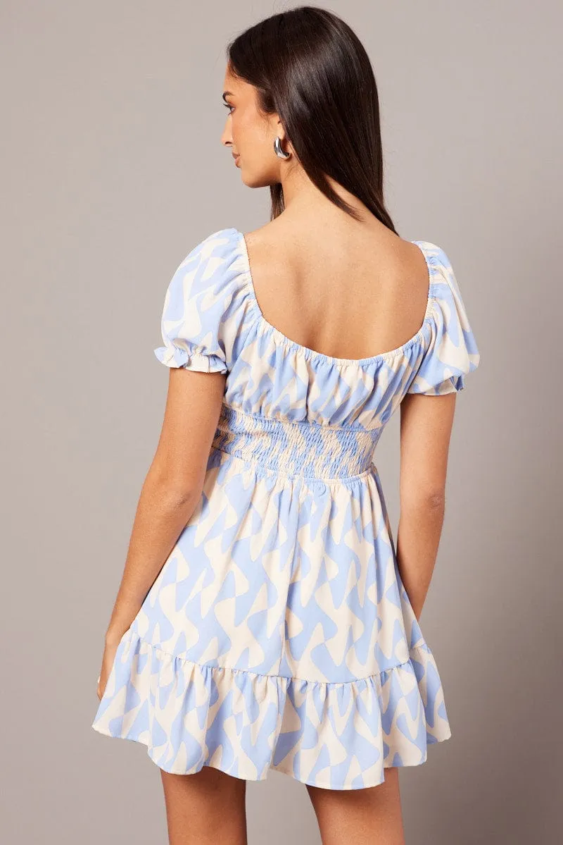 Blue Geo Fit And Flare Dress Puff Sleeve Mini sold by Ally Fashion product image thumbnail 5