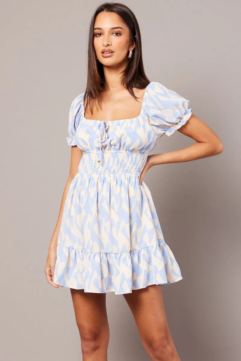 Blue Geo Fit And Flare Dress Puff Sleeve Mini sold by Ally Fashion product image thumbnail 3