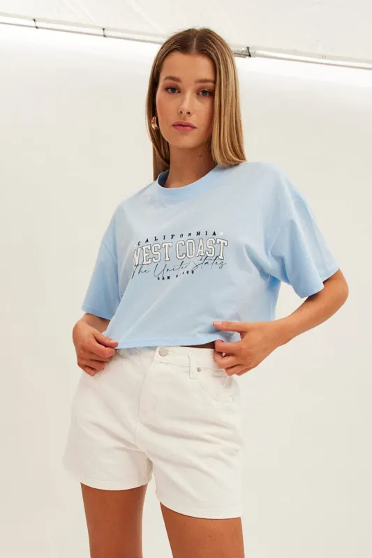 Blue Graphic T-Shirt Crop West Coast Crew Short Sleeve sold by Ally Fashion