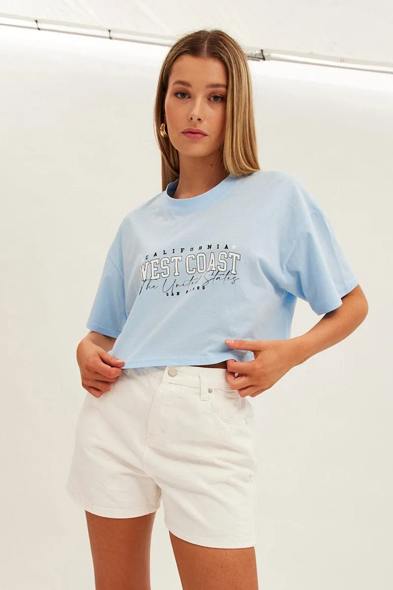 Blue Graphic T-Shirt Crop West Coast Crew Short Sleeve sold by Ally Fashion