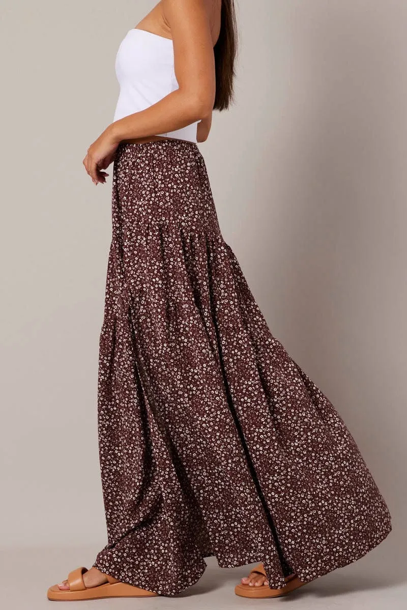 Brown Ditsy Maxi Skirt High Rise Tiered sold by Ally Fashion product image thumbnail 4