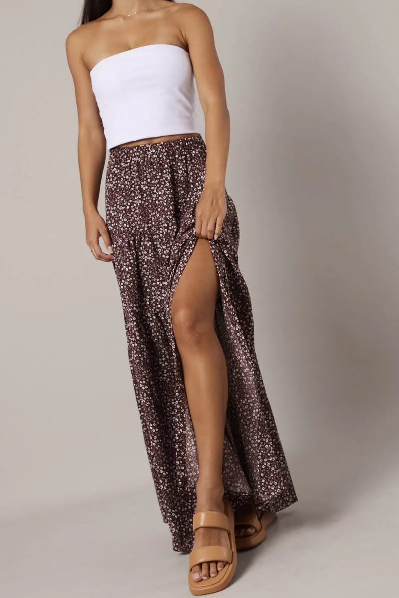 Brown Ditsy Maxi Skirt High Rise Tiered sold by Ally Fashion