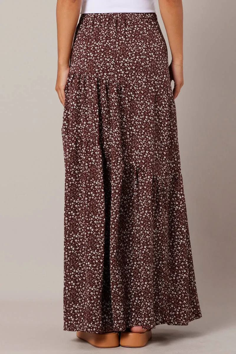 Brown Ditsy Maxi Skirt High Rise Tiered sold by Ally Fashion product image thumbnail 5