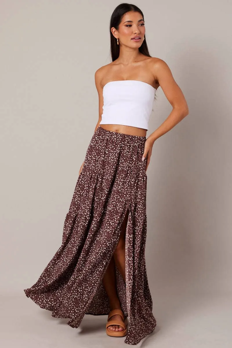 Brown Ditsy Maxi Skirt High Rise Tiered sold by Ally Fashion product image thumbnail 2