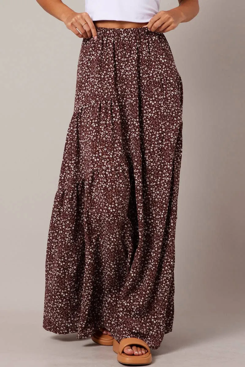 Brown Ditsy Maxi Skirt High Rise Tiered sold by Ally Fashion product image thumbnail 3