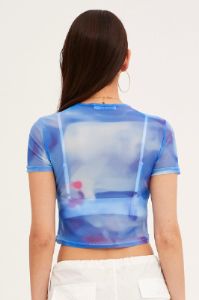 Blue Abstract Landscape Print Mesh Short Sleeve Top sold by Ally Fashion