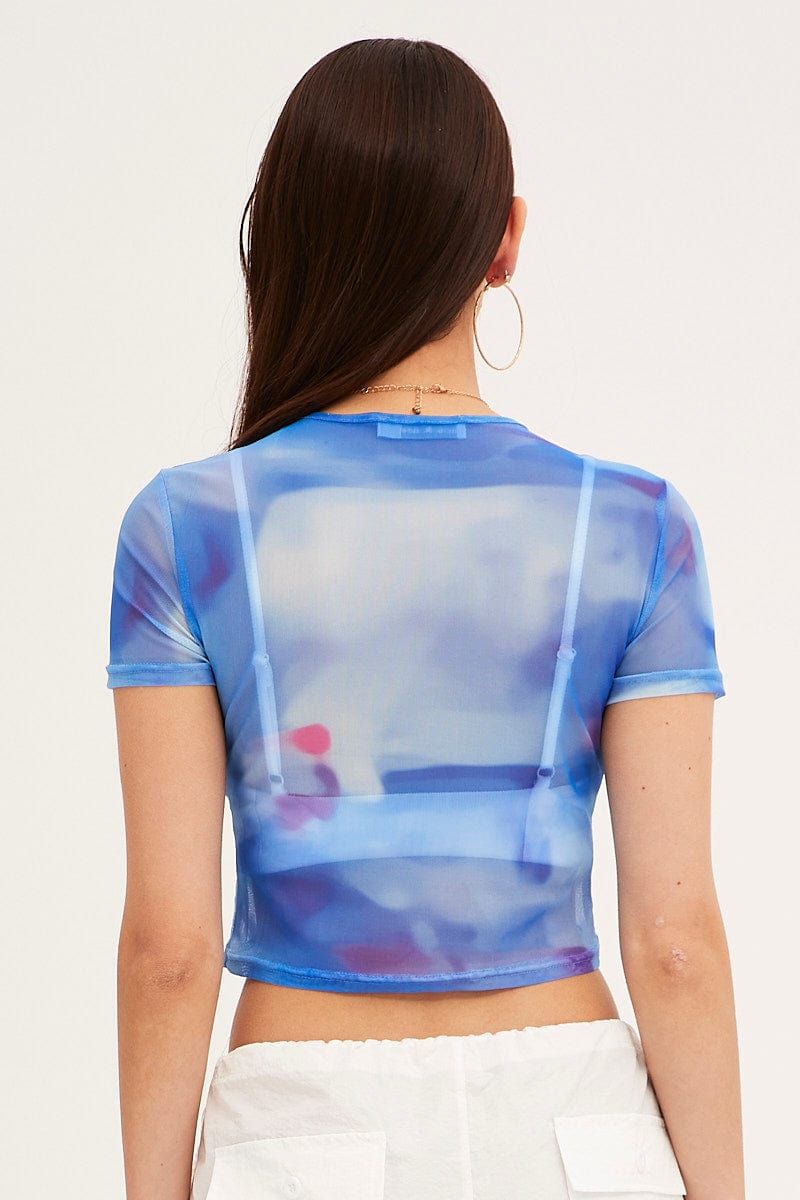 Blue Abstract Landscape Print Mesh Short Sleeve Top sold by Ally Fashion product image thumbnail 5