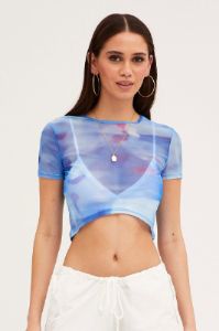 Blue Abstract Landscape Print Mesh Short Sleeve Top sold by Ally Fashion