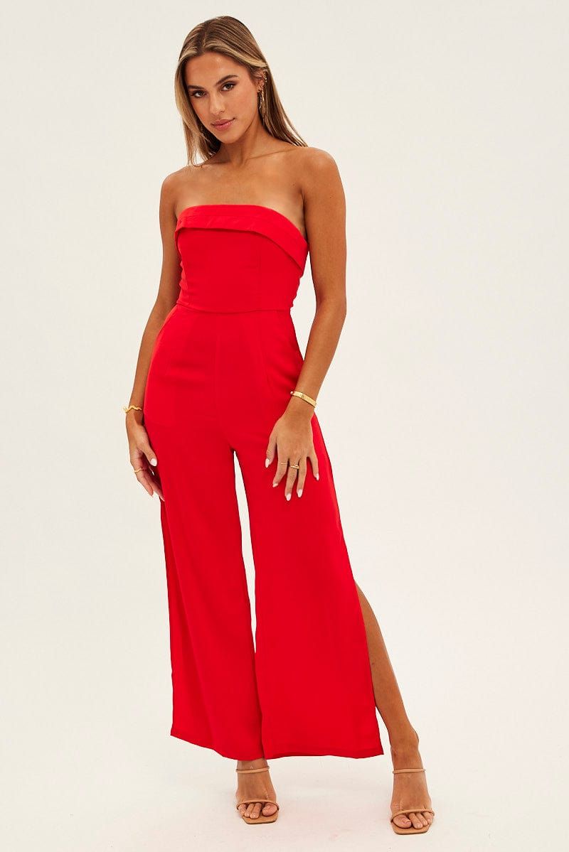 Red Strapless Jumpsuit Side Split sold by Ally Fashion
