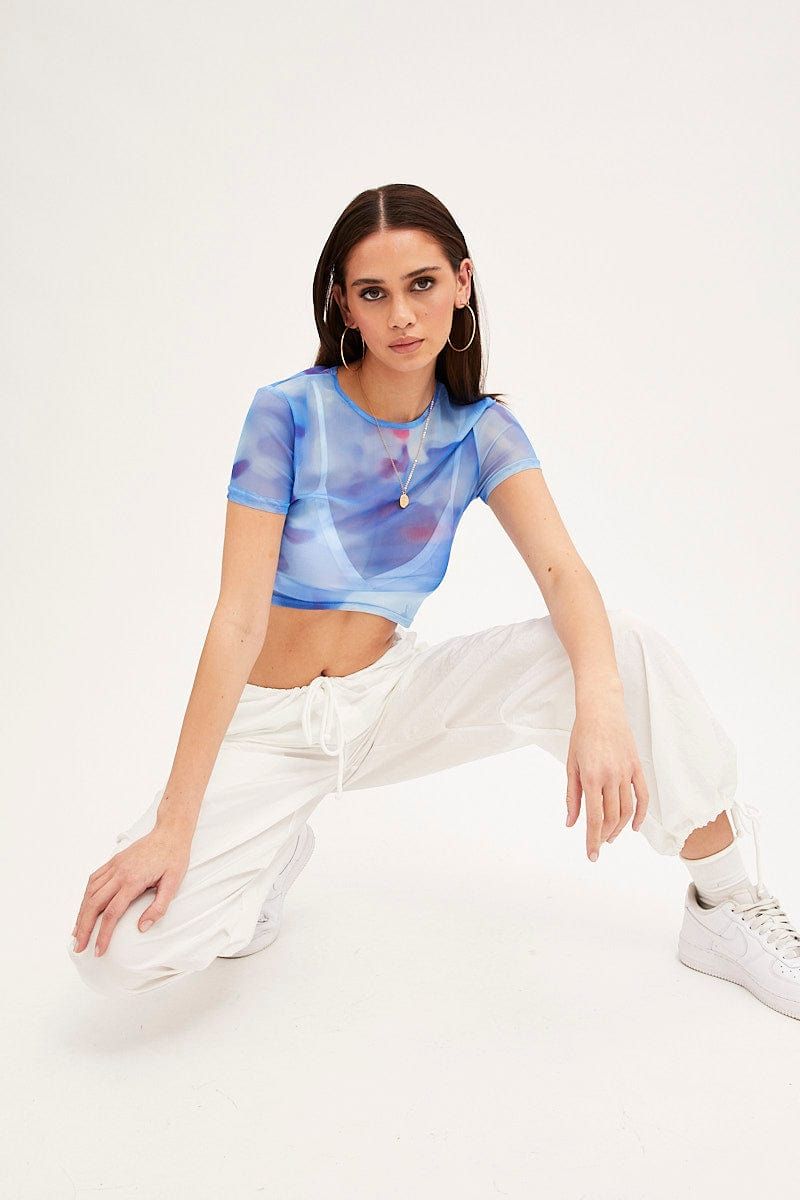 Blue Abstract Landscape Print Mesh Short Sleeve Top sold by Ally Fashion