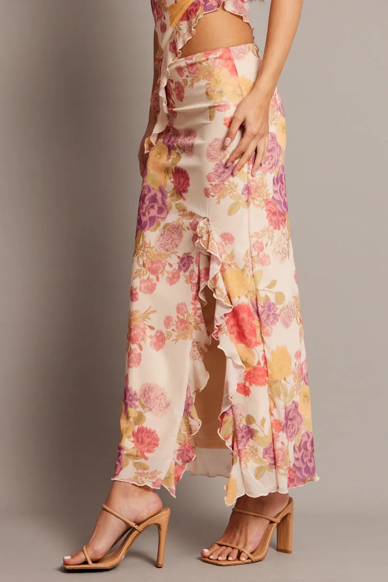 Multi Floral Maxi Skirt High Rise Ruffled Slit Frill Hem Mesh sold by Ally Fashion product image thumbnail 4