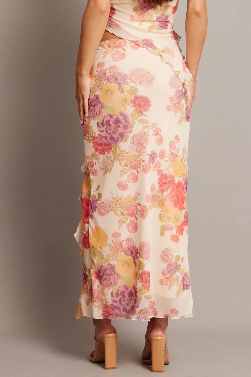Multi Floral Maxi Skirt High Rise Ruffled Slit Frill Hem Mesh sold by Ally Fashion product image thumbnail 5