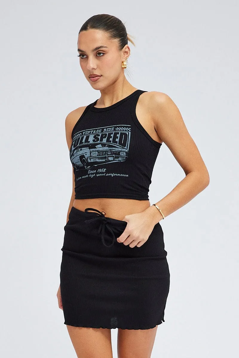 Black Rib Tie Waist Mini Skirt sold by Ally Fashion