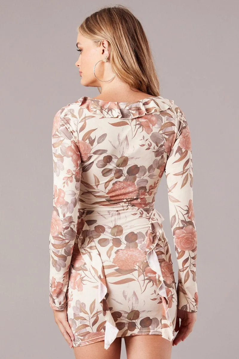 Beige Floral Ruffle Mini Dress Bell Cuff Bodycon Mini Dress sold by Ally Fashion product image thumbnail 5