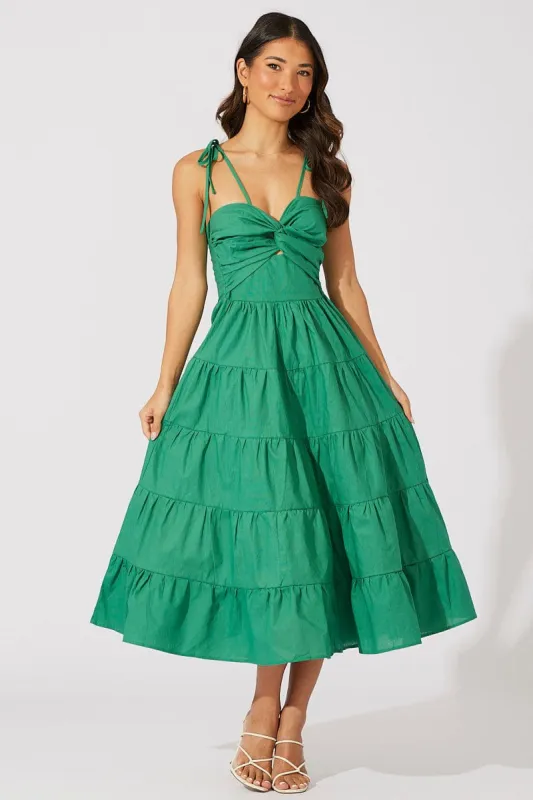 Green Midi Dress Sleeveless Tiered Twist Front sold by Ally Fashion
