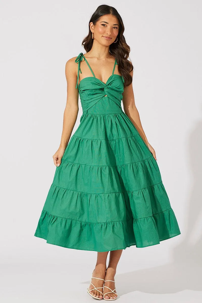 Green Midi Dress Sleeveless Tiered Twist Front sold by Ally Fashion