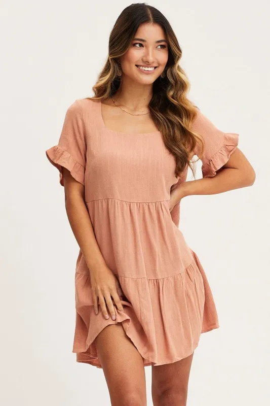 Brown Smock Dress Short Sleeve Mini sold by Ally Fashion