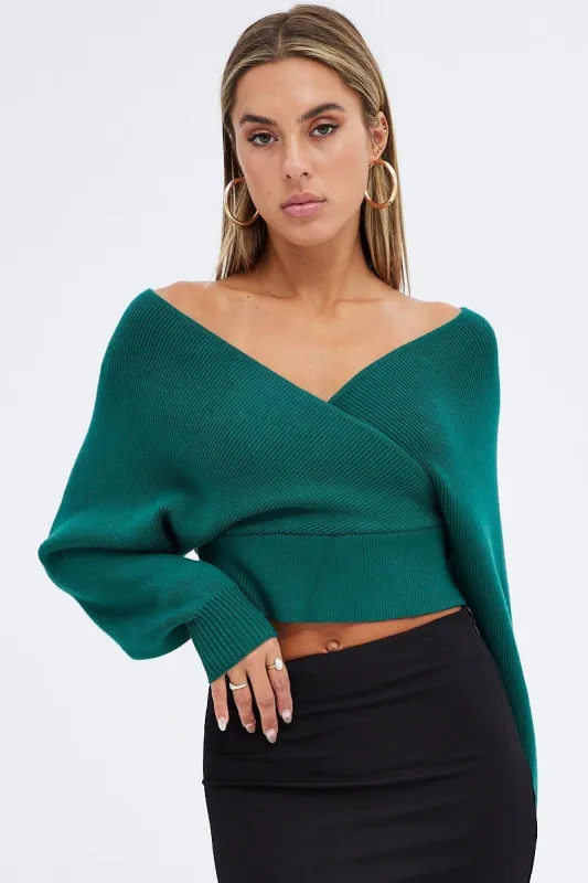 Green Knit Top Long Sleeve Cross Over sold by Ally Fashion