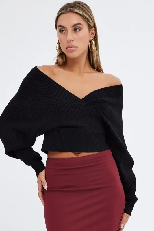 Black Knit Top Long Sleeve Cross Over sold by Ally Fashion