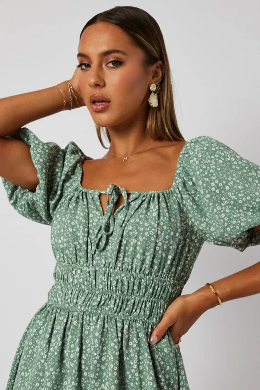 Green Ditsy Fit And Flare Dress Puff Sleeve Mini sold by Ally Fashion