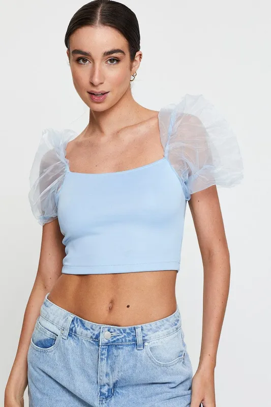 Blue Designer Organza Puff Shoulder Top sold by Ally Fashion