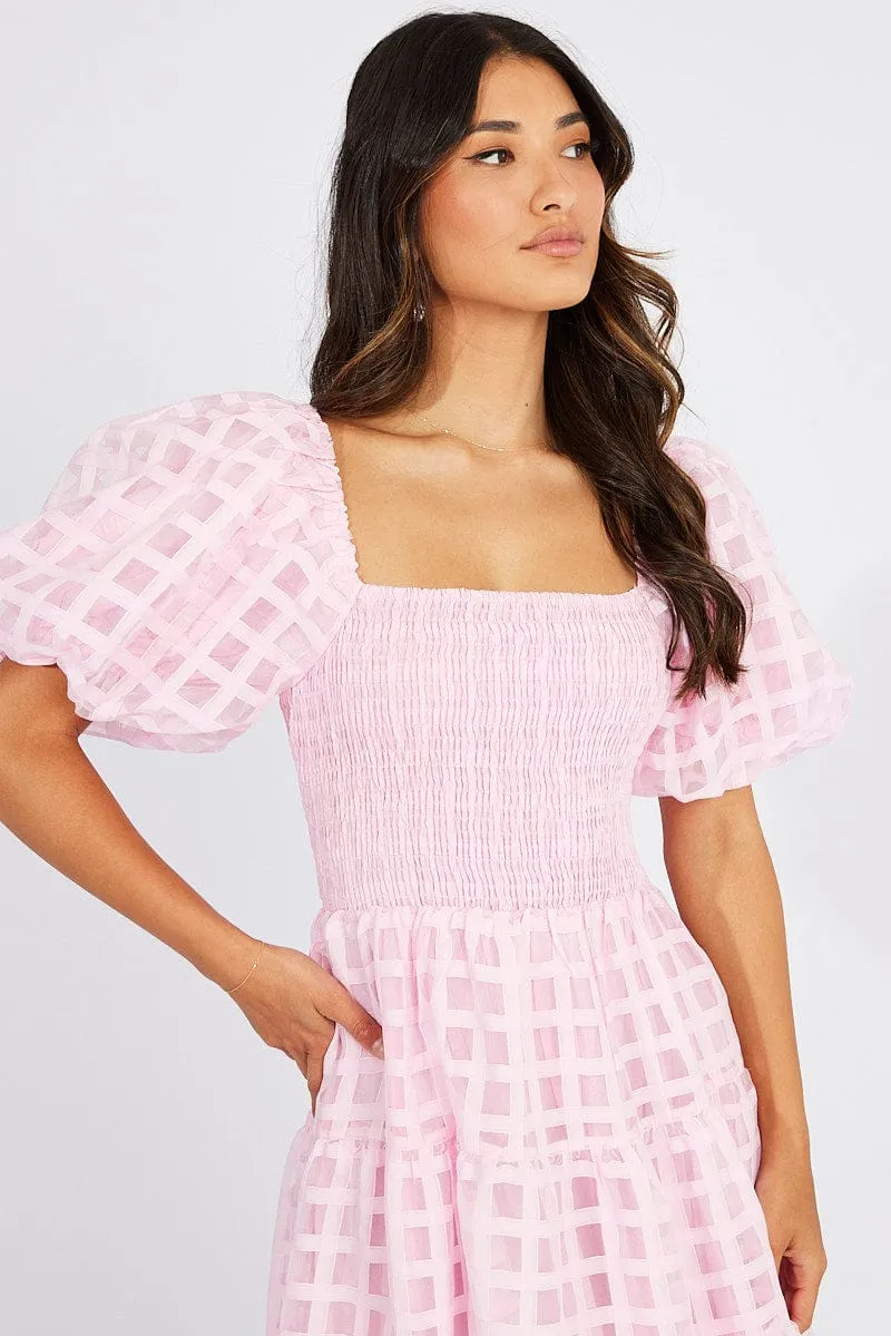 Pink Midi Dress shirred Bust Puff Sleeve sold by Ally Fashion product image thumbnail 3