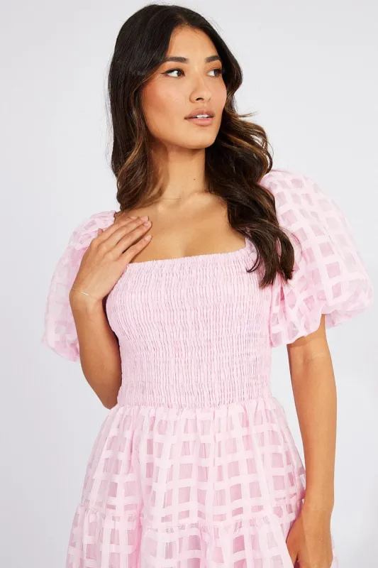 Pink Midi Dress shirred Bust Puff Sleeve sold by Ally Fashion