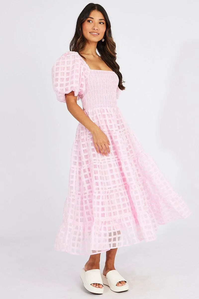 Pink Midi Dress shirred Bust Puff Sleeve sold by Ally Fashion product image thumbnail 2