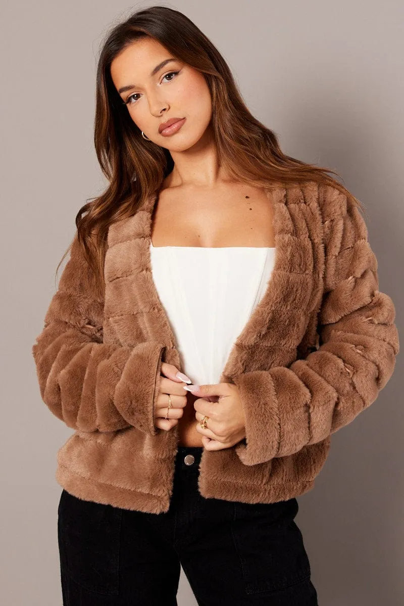 Beige Faux Fur Crop Jacket sold by Ally Fashion product image thumbnail 3