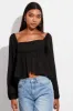 Black Top Long Sleeve Square Neck Shirred Ruched sold by Ally Fashion