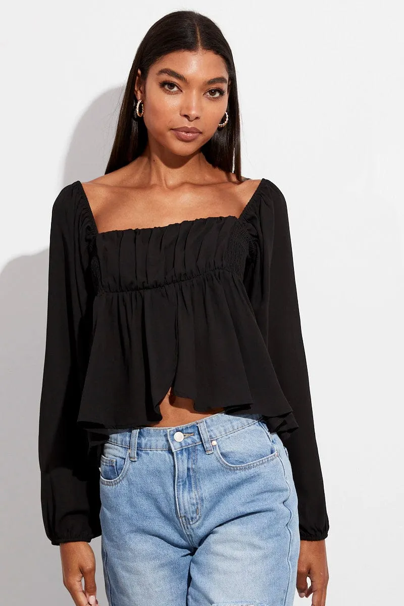 Black Top Long Sleeve Square Neck Shirred Ruched sold by Ally Fashion product image thumbnail 3