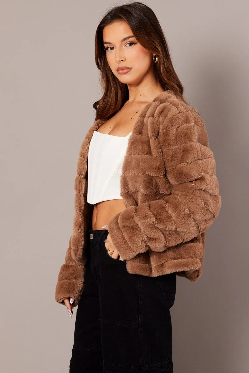 Beige Faux Fur Crop Jacket sold by Ally Fashion product image thumbnail 4