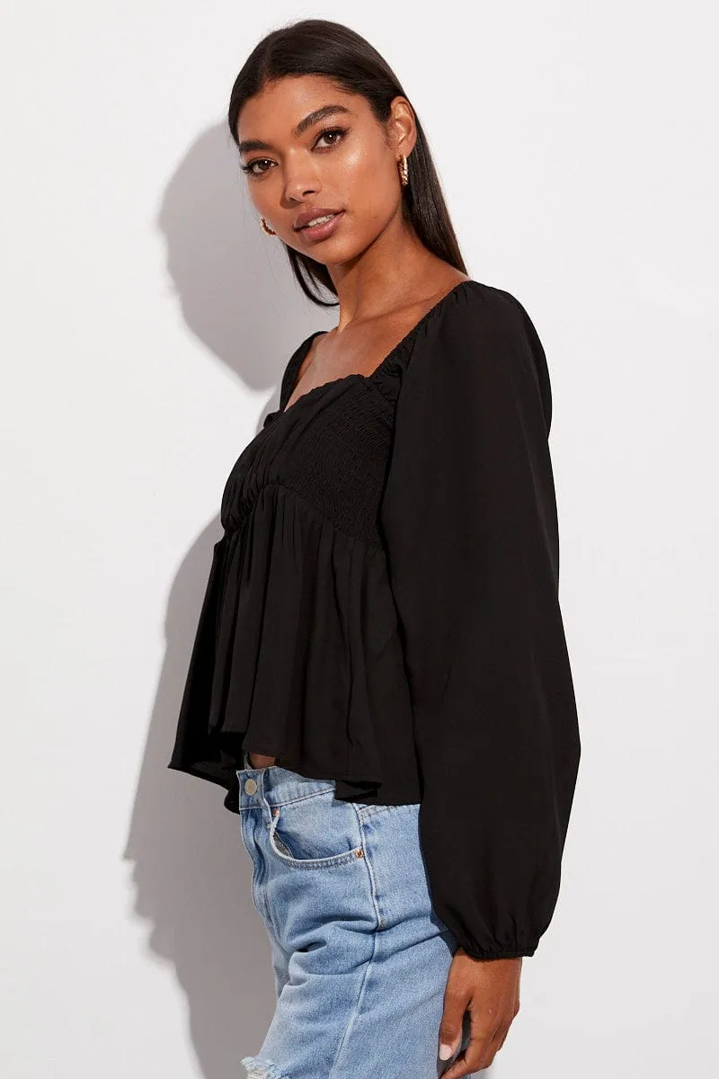 Black Top Long Sleeve Square Neck Shirred Ruched sold by Ally Fashion product image thumbnail 4
