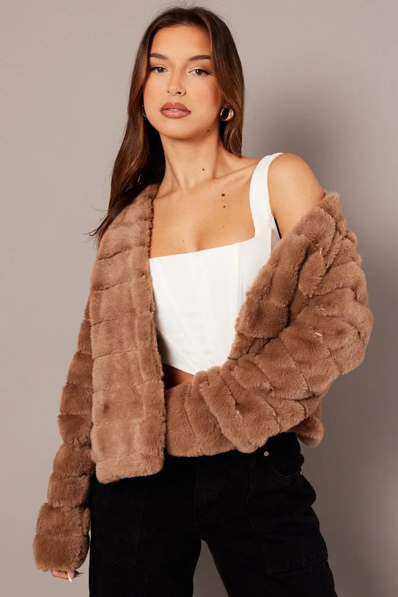 Beige Faux Fur Crop Jacket sold by Ally Fashion
