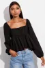 Black Top Long Sleeve Square Neck Shirred Ruched sold by Ally Fashion