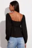 Black Top Long Sleeve Square Neck Shirred Ruched sold by Ally Fashion