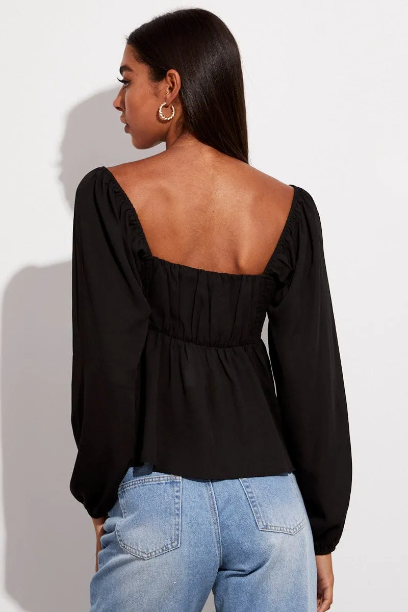Black Top Long Sleeve Square Neck Shirred Ruched sold by Ally Fashion product image thumbnail 5