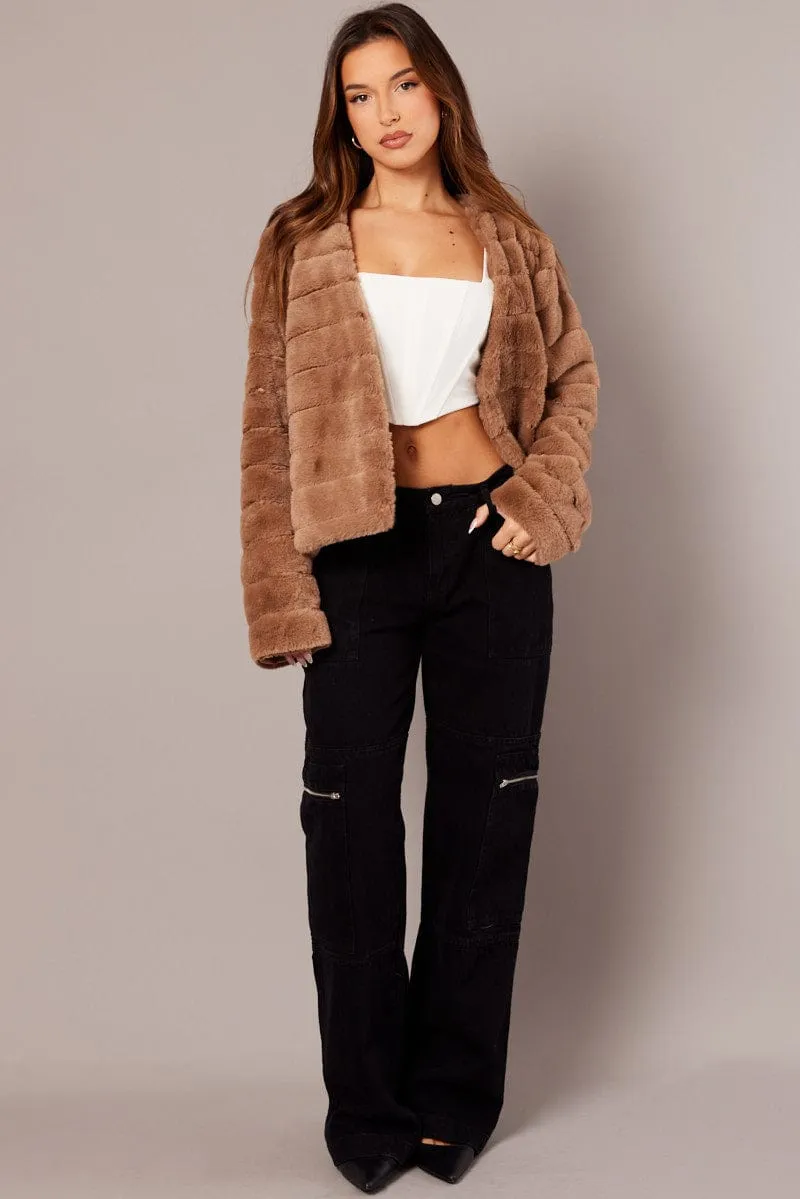 Beige Faux Fur Crop Jacket sold by Ally Fashion product image thumbnail 2