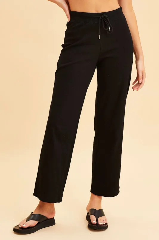 Black Wide Leg Pant Rib Crop Drawstring Waist sold by Ally Fashion