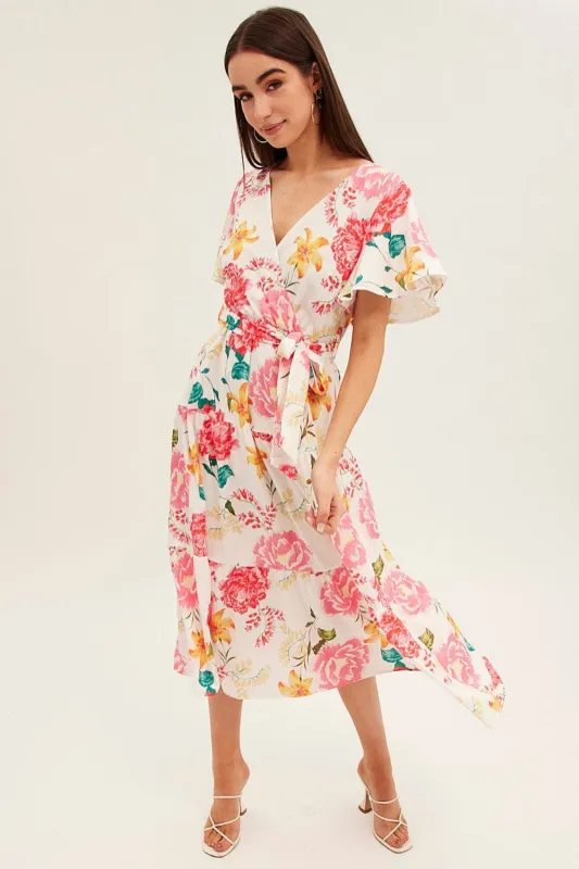 White Floral Tie Waist Tiered Midi Dress sold by Ally Fashion