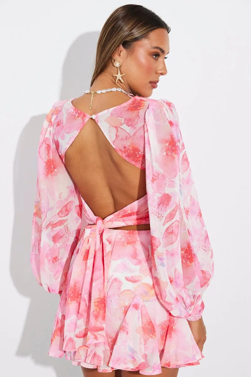 Multi Floral Plunge Crop Top Balloon Sleeve Tie back sold by Ally Fashion product image thumbnail 5