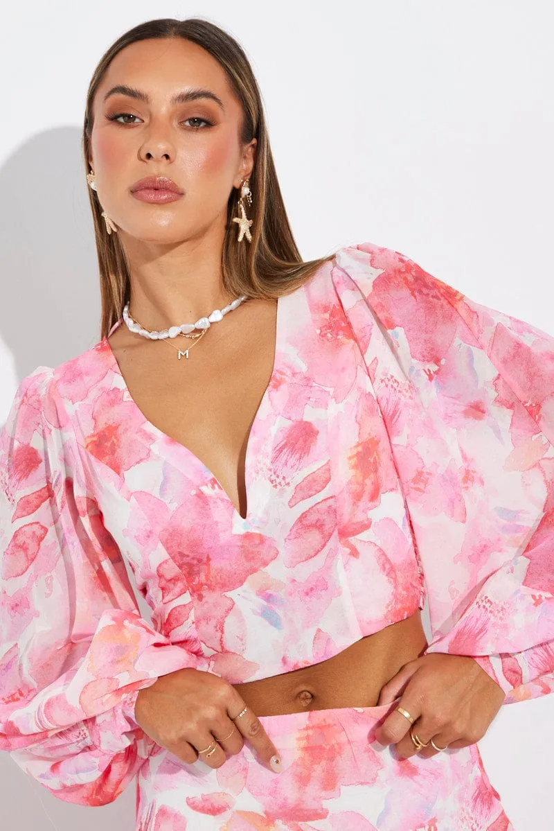 Multi Floral Plunge Crop Top Balloon Sleeve Tie back sold by Ally Fashion product image thumbnail 3