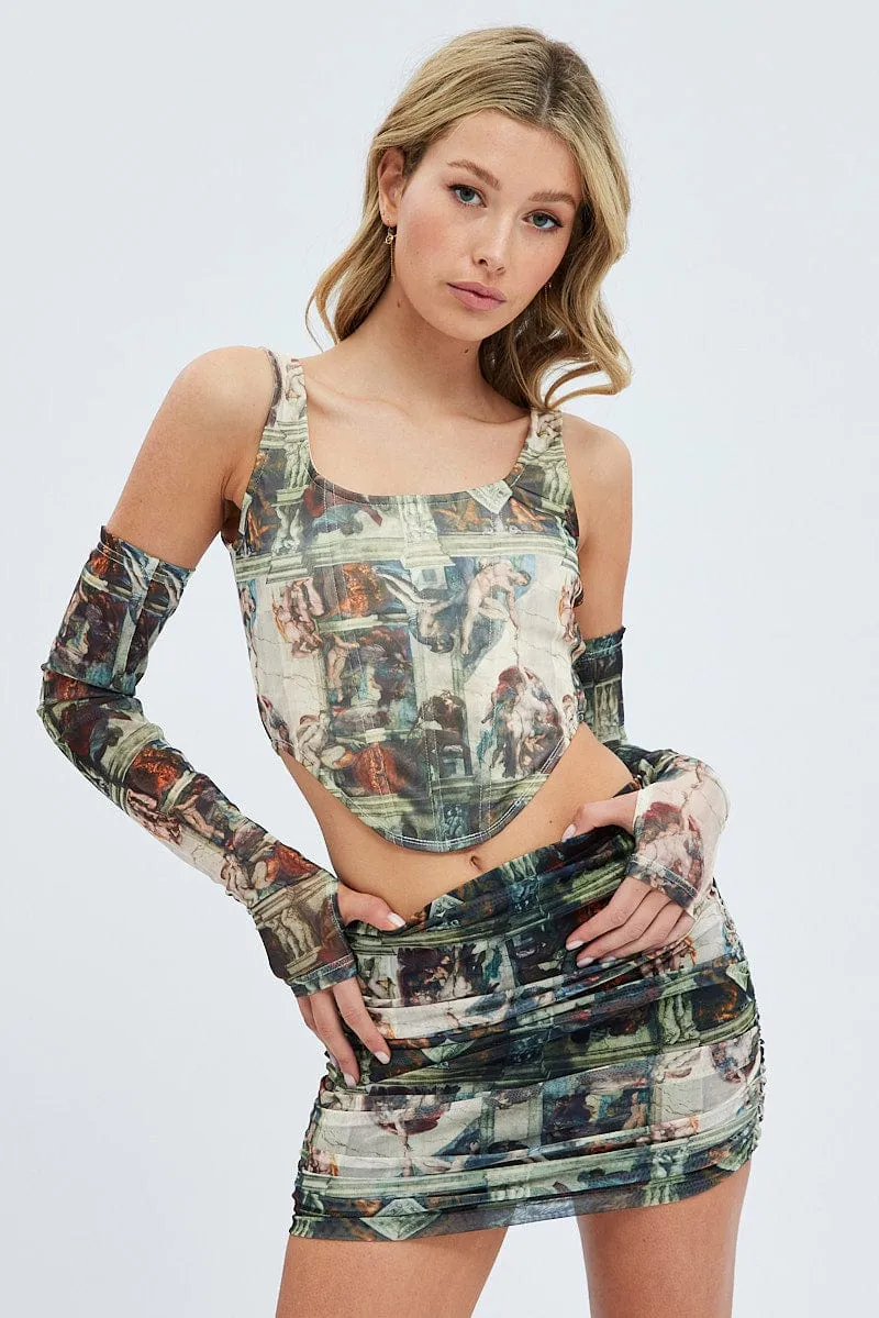 Green Abstract Mini Skirt Side Ruched Mid Rise Mesh sold by Ally Fashion