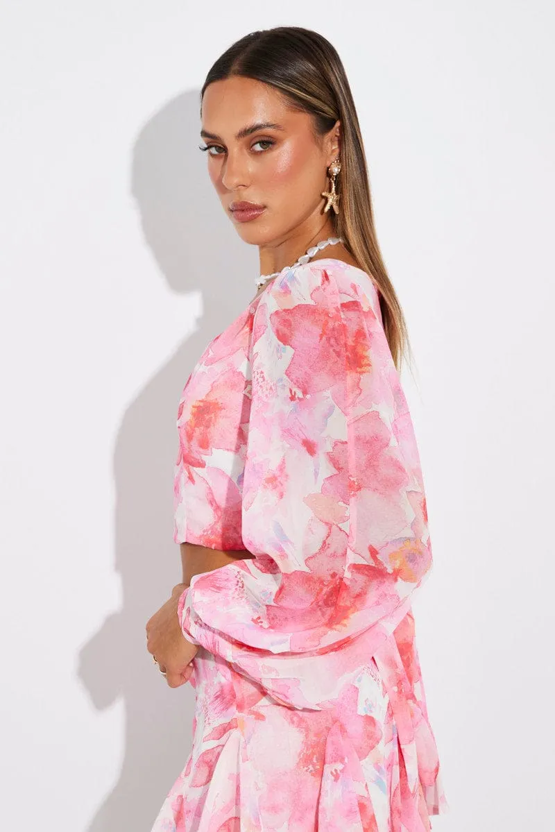 Multi Floral Plunge Crop Top Balloon Sleeve Tie back sold by Ally Fashion product image thumbnail 4