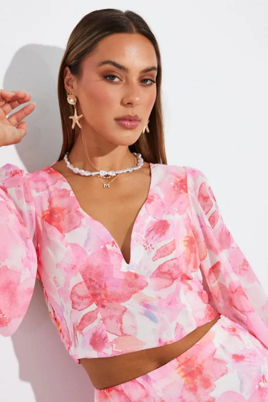 Multi Floral Plunge Crop Top Balloon Sleeve Tie back sold by Ally Fashion