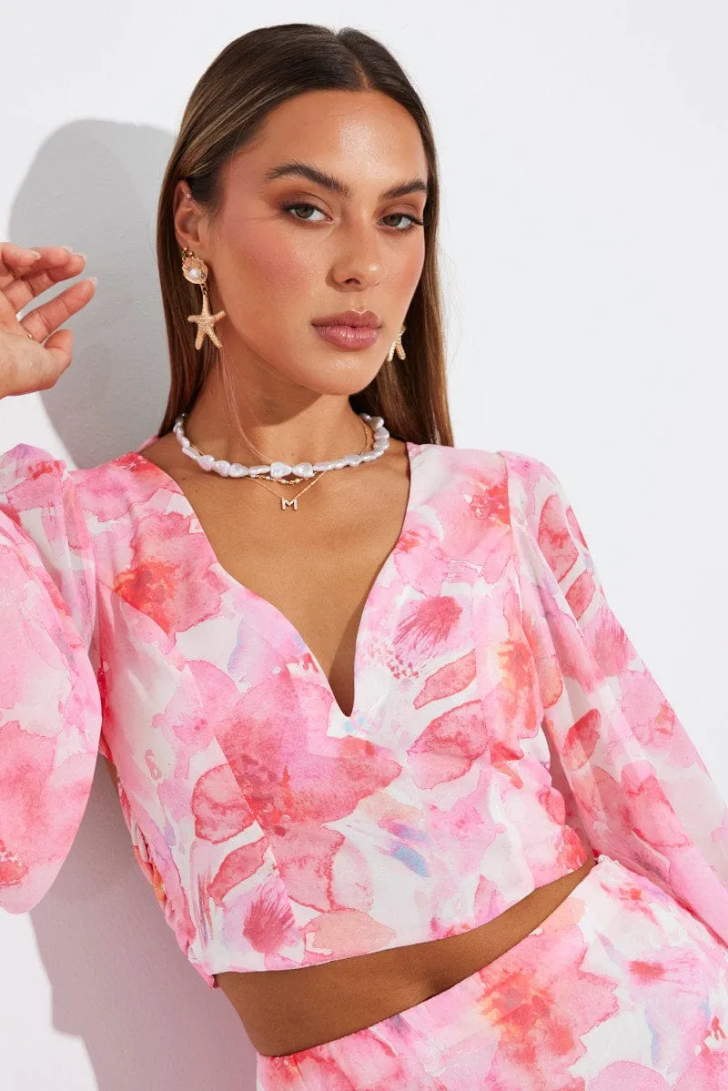 Multi Floral Plunge Crop Top Balloon Sleeve Tie back sold by Ally Fashion