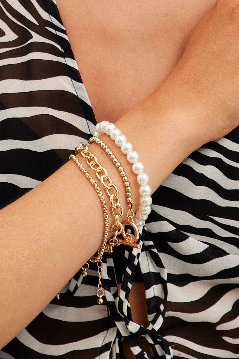 Gold 4 Pack Faux Pearl And Chain Bracelet Set sold by Ally Fashion product image thumbnail 2